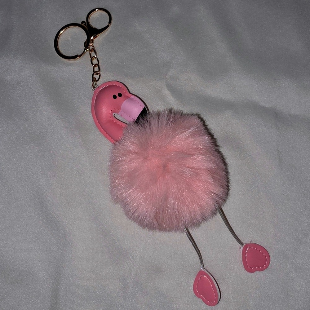 NEW Pink Flamingo Faux Fur Pom Pom Keychain Bag Charm Gold Tone Clasp